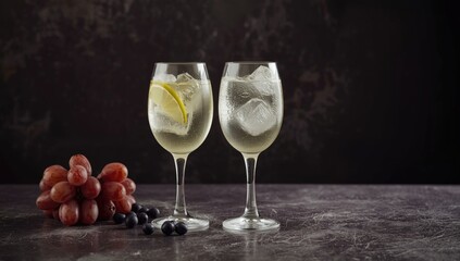 Light and refreshing white wine spritzers with ice and grapes on textured dark backdrop with ample copy space