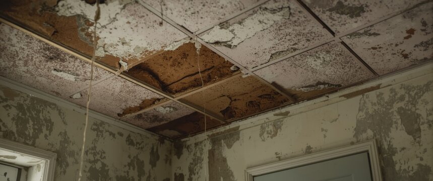 Damaged ceiling tiles showing water stains and deterioration