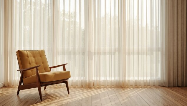 Mid-century modern chair next to sheer curtains in bright room