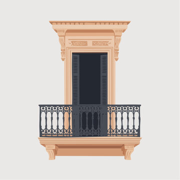 Ornate peach-colored balcony with black metal railing and shutters on a white background