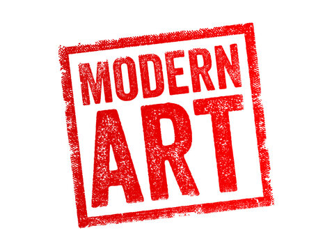 MODERN ART text is displayed inside a distressed rectangular stamp design, featuring a weathered, ink-textured look suitable for artistic classification, gallery labels