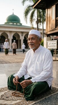 A Muslim man praying inside a peaceful mosque with beautiful sunbeam reflection on the floor.