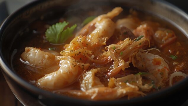Savory tamarind shrimp soup Sinigang na Hipon Filipino dish close up