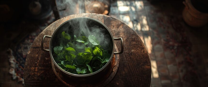 Steaming pot of fresh sorrel leaves preparing a delicious soup in a welcoming kitchen