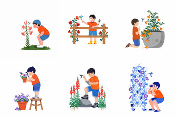 Fototapeta premium Illustrations of a young boy exploring nature, observing hummingbirds, and examining various flowers in garden settings.