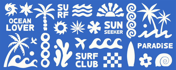 Surf clipart set with summer coastal icons and emblems,ocean waves,palm trees,seashells,sun,tropical organic forms.Retro beach graphic elements for print design templates,branding,packaging,stickers. © Xenia Artwork 