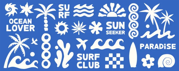 Surf clipart set with summer coastal icons and emblems,ocean waves,palm trees,seashells,sun,tropical organic forms.Retro beach graphic elements for print design templates,branding,packaging,stickers. © Xenia Artwork 