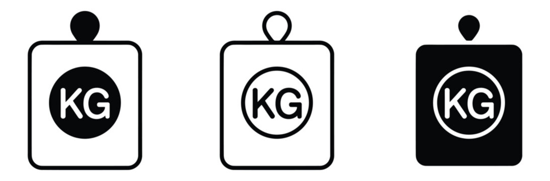 Kilogram heavy weight scale icon set. KG mass calibration dumbbell, heavy industrial load symbol, fitness gym equipment, and cargo measurement unit vector illustration.