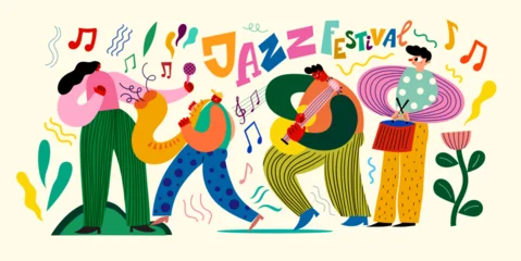 Jazz festival banner. Illustration of people playing jazz. Summer music festival. Music party. Jazz band illustration © moleskostudio