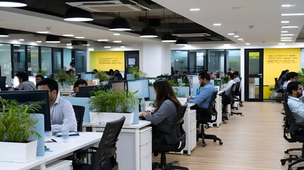 Fototapeta premium A modern minimalist pattern featuring motivational quotes on walls in a harmonious open plan office setting