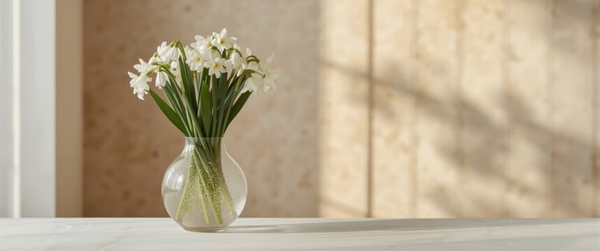 Vase with carefully arranged winter forced white paperwhite narcissus bulbs