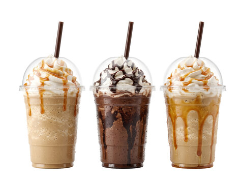 Three Iced Coffee Frappes with Whipped Cream and Caramel Chocolate Drizzle in Plastic Cups on Black Background for Cafe Menu Design