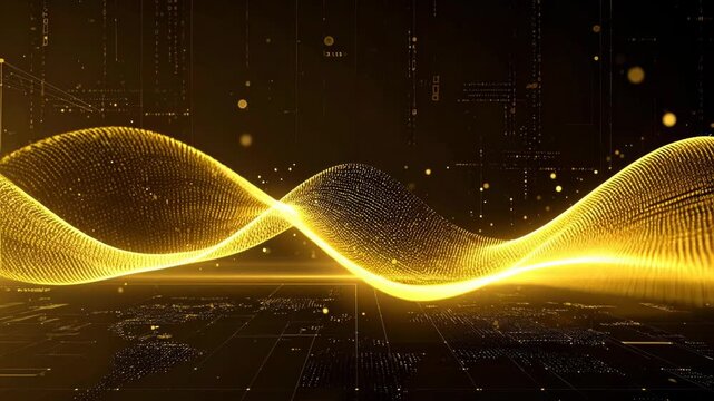 Abstract golden particles forming flowing wave patterns on dark background for digital technology motion graphics