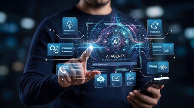 Futuristic neural core interface representing enterprise AI agents automation and smart machine learning algorithms for business optimization