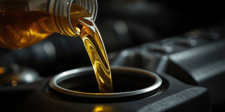 Pouring shining yellow motor oil emphasizing fluid texture into car engine for maintenance