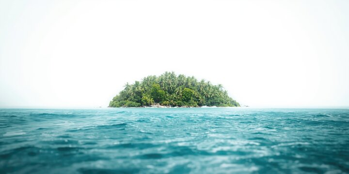 Isolated island with dense tropical greenery and ocean waves on white background