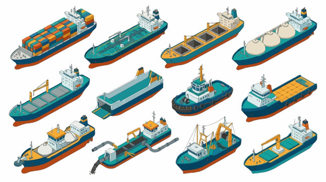 Collection of colorful cargo and passenger ships illustration.