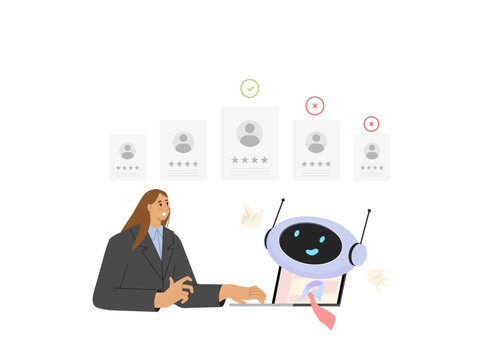 A manager selects an employee's resume using artificial intelligence. Rendered vector illustration on a white background.