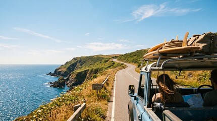 Fototapeta premium Couple Road Tripping Along Coastal Road With Surfboards on Vintage SUV Overlooking Blue Ocean
