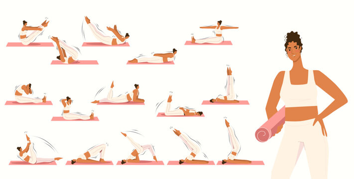 Pilates exercises. Workout movements. A workshop with a set of workout movements. Vector illustration.