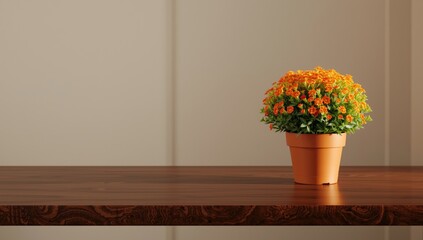 Fototapeta premium Orange flowering plant in pot set on a finely grained hardwood rectangle