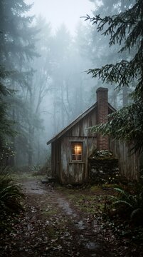 Moody misty morning cozy cabin surrounded by lush greenery raindrops on windowpane soft warm golden light reflectivity shallow depth of field pastel color palette