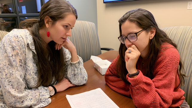Volunteer burnout counseling session with a nonprofit program manager gently guiding an emotionally drained field volunteer through a debrief worksheet at a conference table, a box of tissues nearby