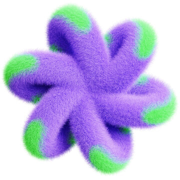 Fuzzy purple and green twisted flower, soft furry abstract element, 3d Rendering.