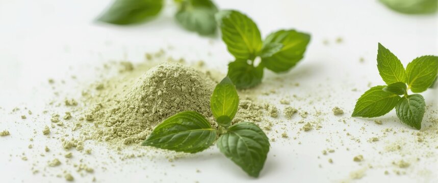 Mint leaves and powdered mint on a white background