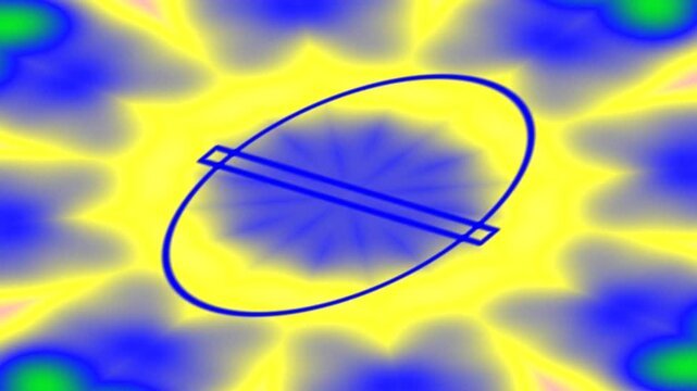 Stylized atomic model against colorful nebula background
