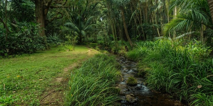 Tropical park exploration during summer with rich grass lawn and murmuring forest creek