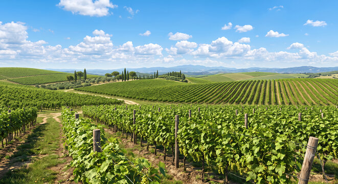 Filari di vite sulle colline illuminate dal sole. Generative AI 