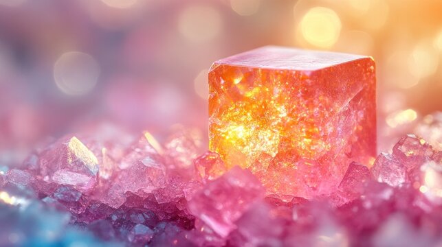 Macro shot of glowing orange and pink crystal formations with bokeh effect.