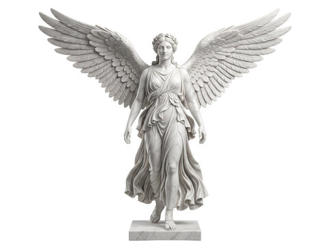 Classical Marble Statue of Winged Nike Goddess, White Carved Stone Figure with Spread Wings Isolated on Black Background for History and Mythology Projects
