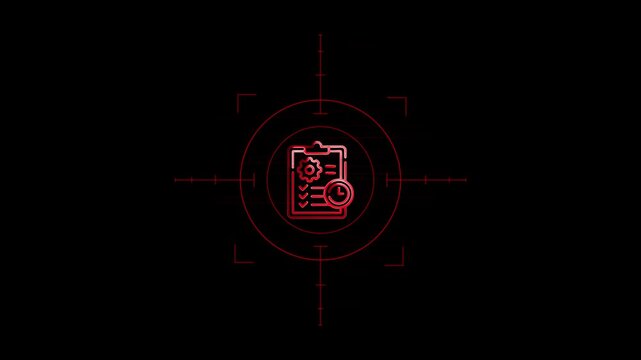 Neon glowing clipboard checklist with gear and clock icon inside target scope on black background.