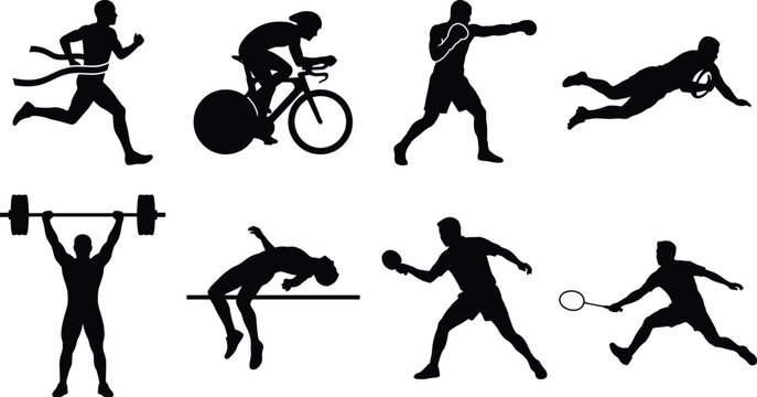 Set of male athlete silhouettes practicing various sports including running cycling boxing rugby weightlifting high jump table tennis and badminton