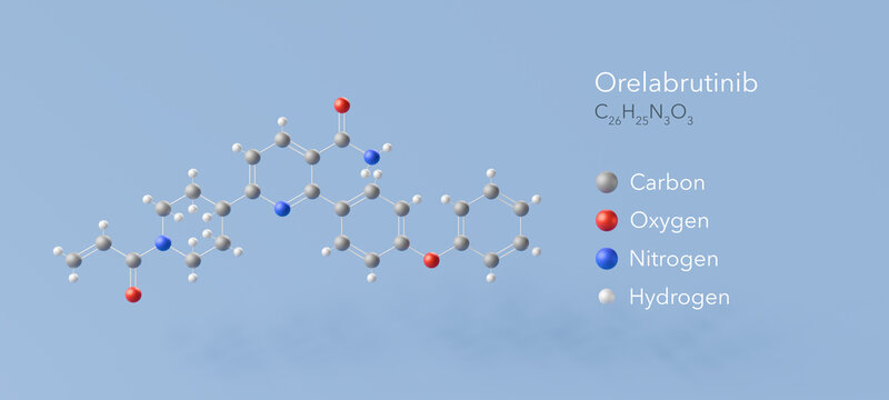 orelabrutinib molecule, molecular structure, antineoplastic agent 3d model, Structural Chemical Formula and Atoms with Color Coding
