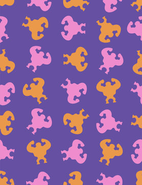 Seamless pattern featuring flexing biceps silhouettes purple background.