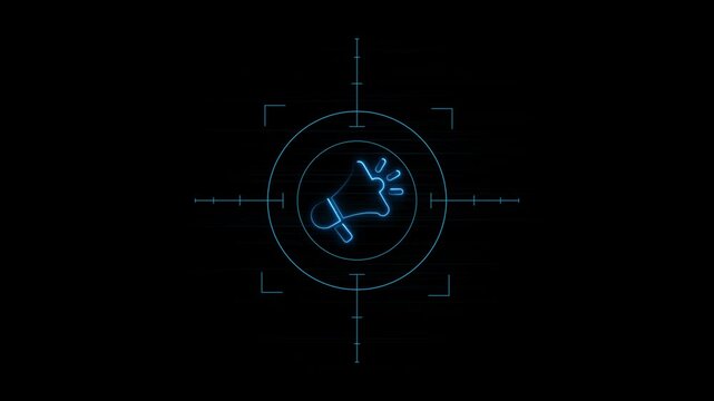 Neon glowing megaphone loudspeaker announcement icon inside target scope on black background.