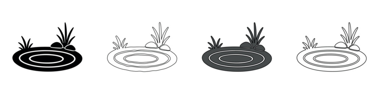 Simple pond icon with grass and stones in four distinct styles