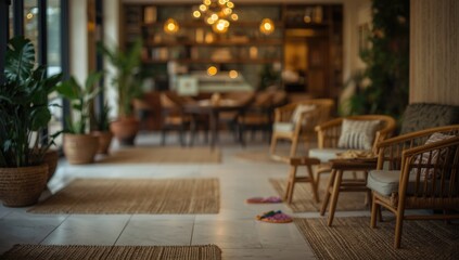 Fototapeta premium Cozy interior space with plants and wicker furniture