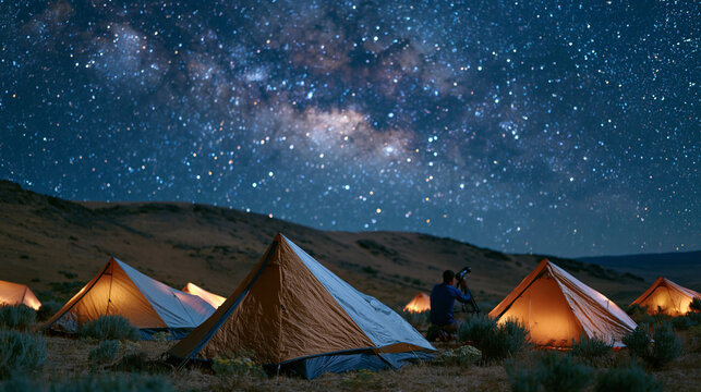 Wide establishing shot of stargazing camp with multiple tents glowing amber, one camper at tripod adjusting intervalometer, Andromeda galaxy visible above ridgeline, remote high desert setting, amat