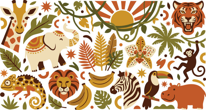 Bohemian Jungle Safari Animal Pattern Set with Ornate Elephant Tiger Lion Giraffe Zebra Toucan and Tropical Foliage Elements Vector Illustration