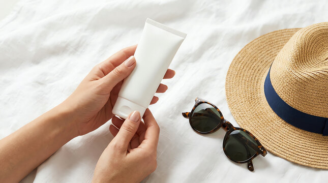 Hands holding white sunscreen lotion tube beside hat and sunglasses on a beach.