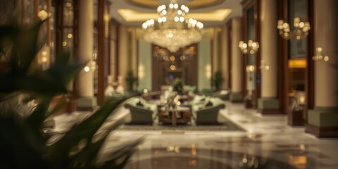 Obraz premium Luxury hotel lobby featuring soft bokeh light effect in green and olive tones for background design