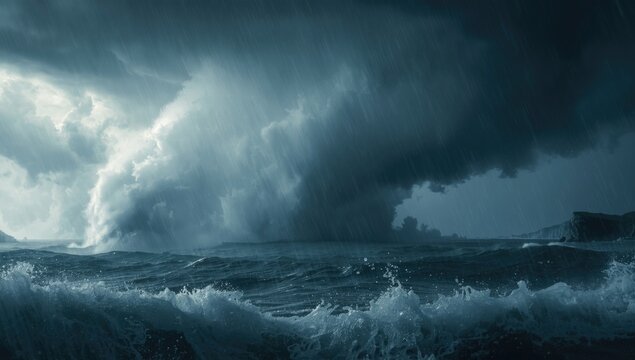 Violent ocean storm featuring towering tsunami waves crashing amid a swirling tornado in dark skies