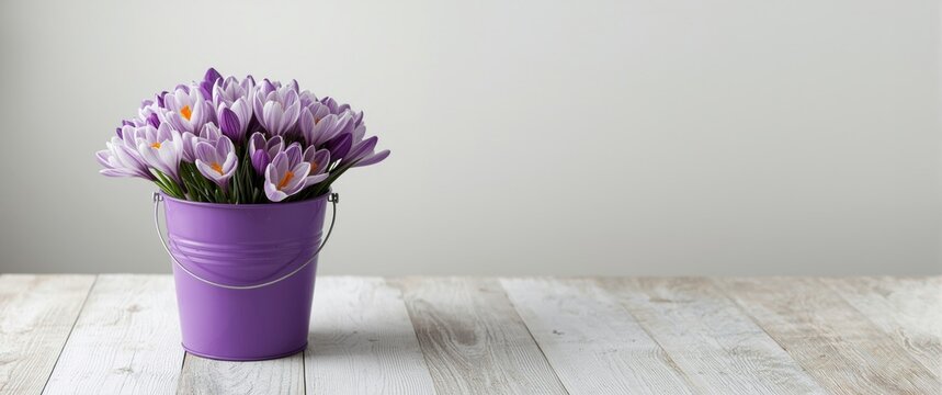 Spring crocuses and hepatica artfully arranged in a vivid violet bucket on a textured wooden table with minimalist white backdrop