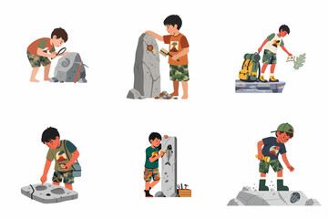 Set of illustrations depicting a young boy exploring and discovering prehistoric fossils as an amateur paleontologist, including tools and outdoor gear. © Fadlol