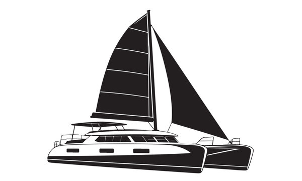 Catamaran sailboat silhouette, twin hull sailboat, ocean sea, vector isolated on white