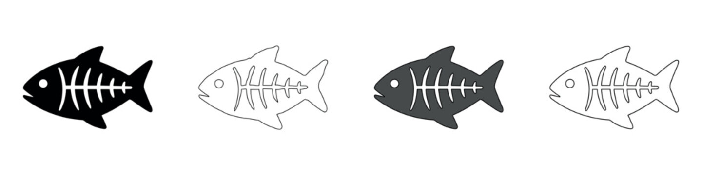 Set of four fish skeleton icons in different styles and colors